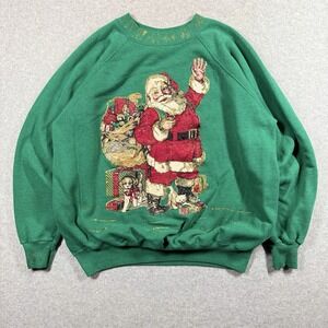 VTG 80s Hanes Her Way Santa Claus Sweatshirt Adult XL Green Christmas Holiday